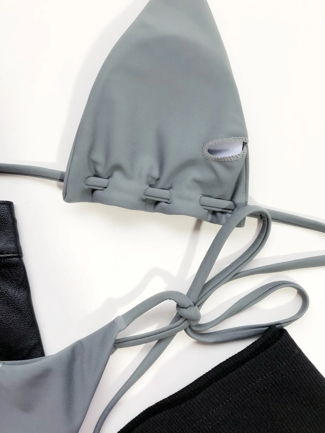 Grey nylon triangle bag swimsuit set with rope lanyard for women, including bra and panties