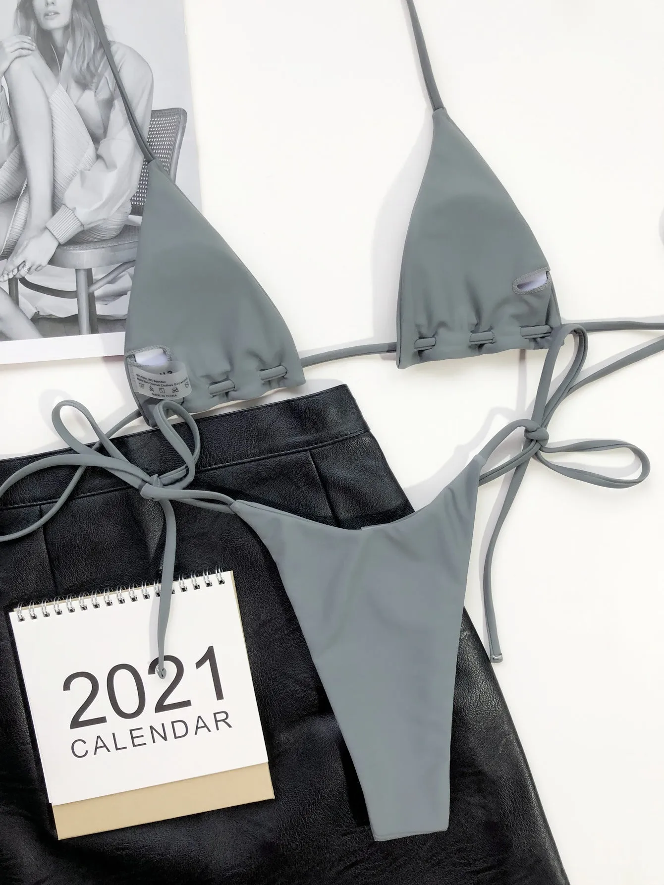 Grey nylon triangle bag swimsuit set with rope lanyard for women, including bra and panties