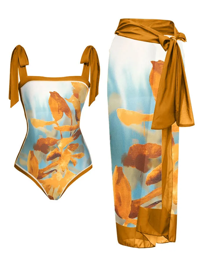 Women's floral printed chiffon two-piece swimsuit with hip skirt in polyester fabric