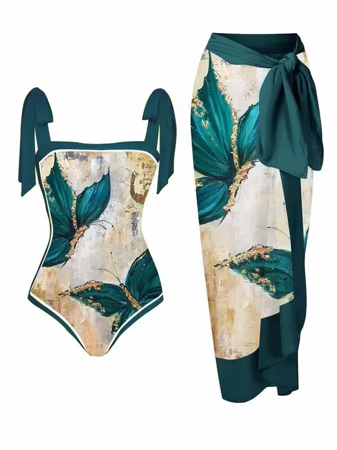 Women's floral printed chiffon two-piece swimsuit with hip skirt in polyester fabric