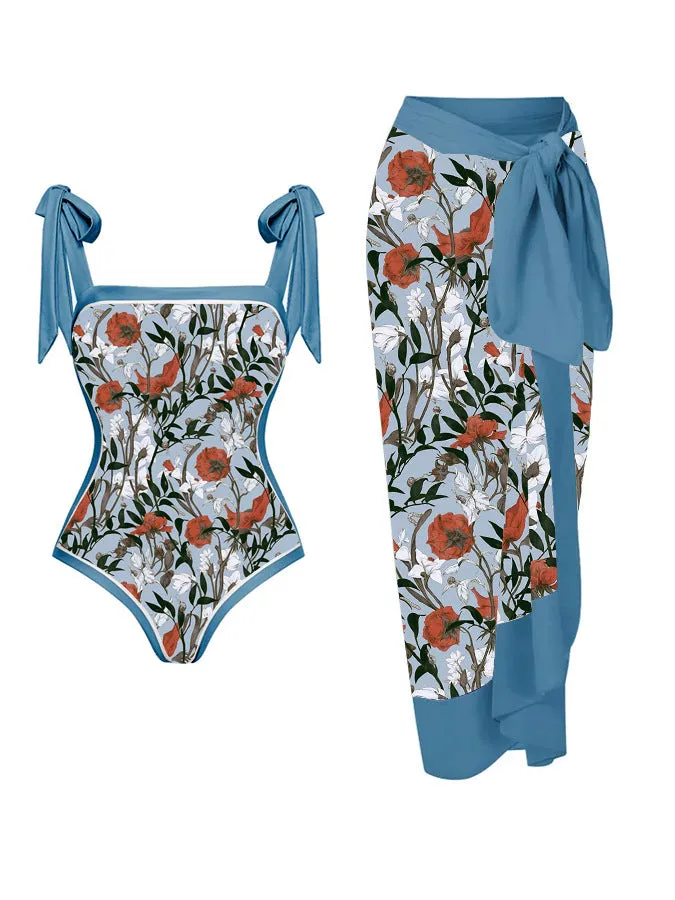 Women's floral printed chiffon two-piece swimsuit with hip skirt in polyester fabric
