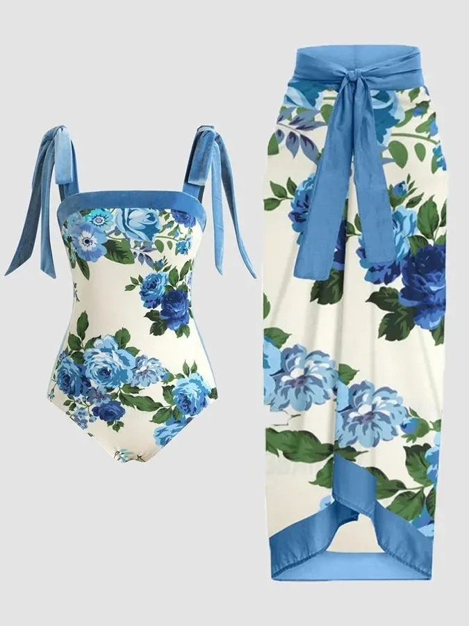 Women's floral printed chiffon two-piece swimsuit with hip skirt in polyester fabric