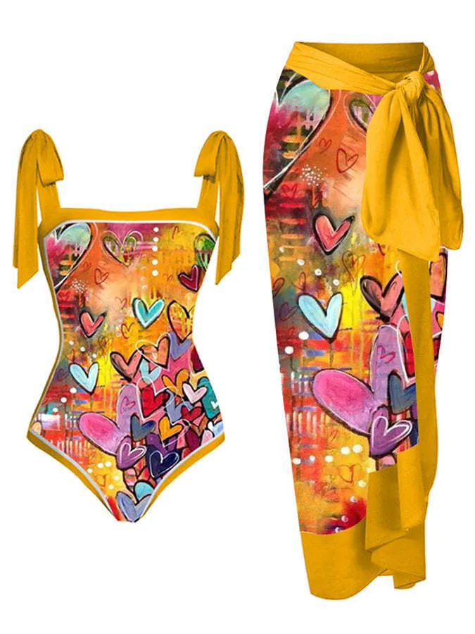 Women's floral printed chiffon two-piece swimsuit with hip skirt in polyester fabric