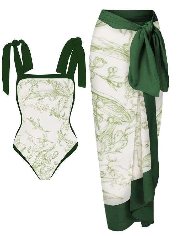 Women's floral printed chiffon two-piece swimsuit with hip skirt in polyester fabric