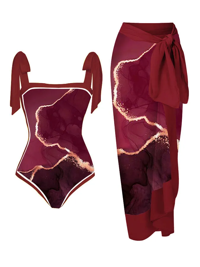 Women's floral printed chiffon two-piece swimsuit with hip skirt in polyester fabric