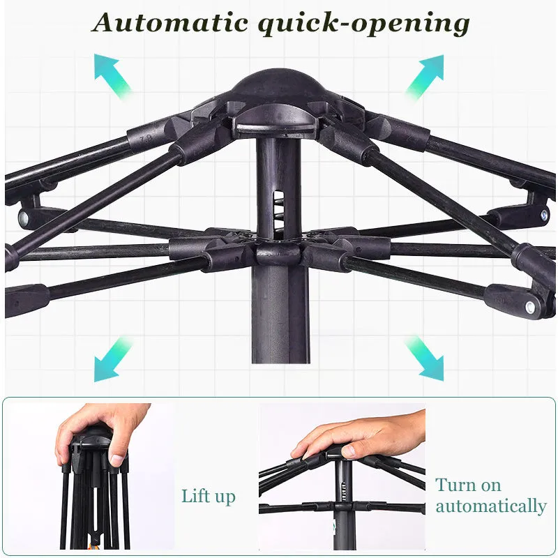 Beige fully automatic quick-opening double-deck outdoor tent set up on grass, with internal and external layers visible