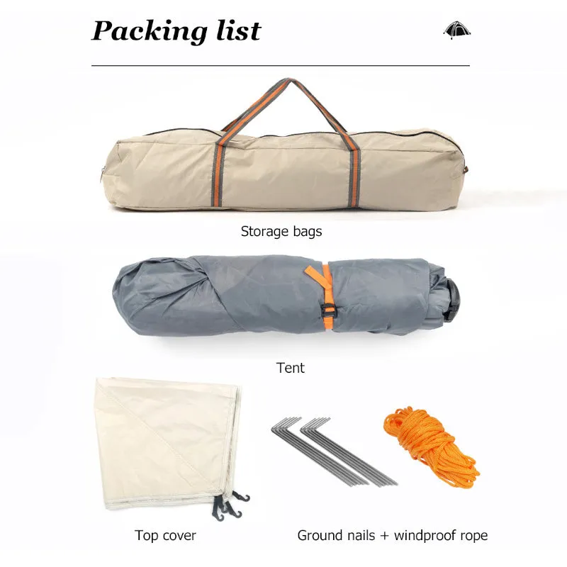 Beige fully automatic quick-opening double-deck outdoor tent set up on grass, with internal and external layers visible