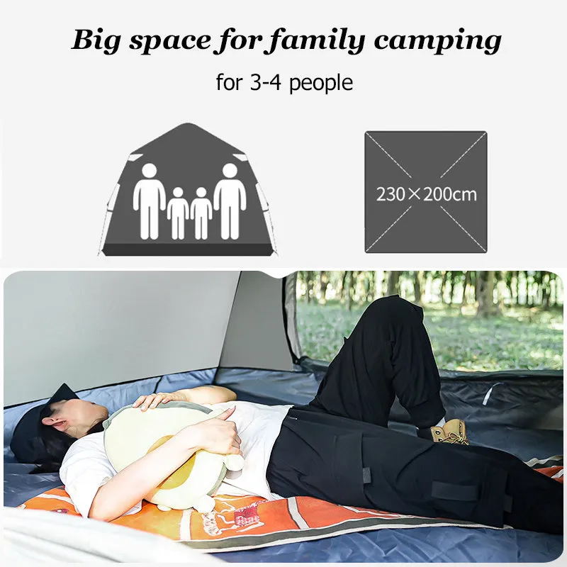 Beige fully automatic quick-opening double-deck outdoor tent set up on grass, with internal and external layers visible