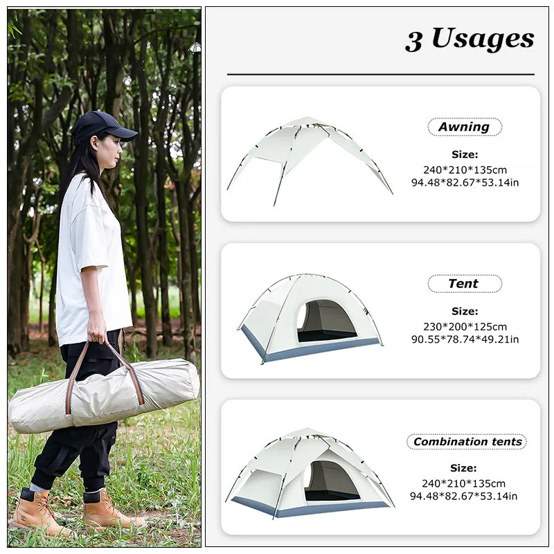 Beige fully automatic quick-opening double-deck outdoor tent set up on grass, with internal and external layers visible