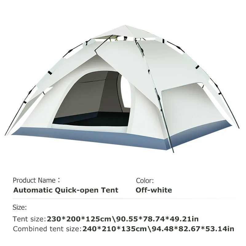 Beige fully automatic quick-opening double-deck outdoor tent set up on grass, with internal and external layers visible