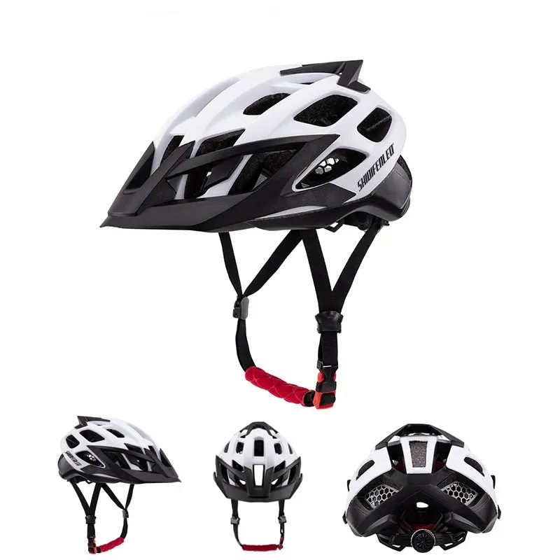 MQ-93 outdoor mountain bike helmet with PC shell, 21 ventilation holes, and removable brim, black and red colour