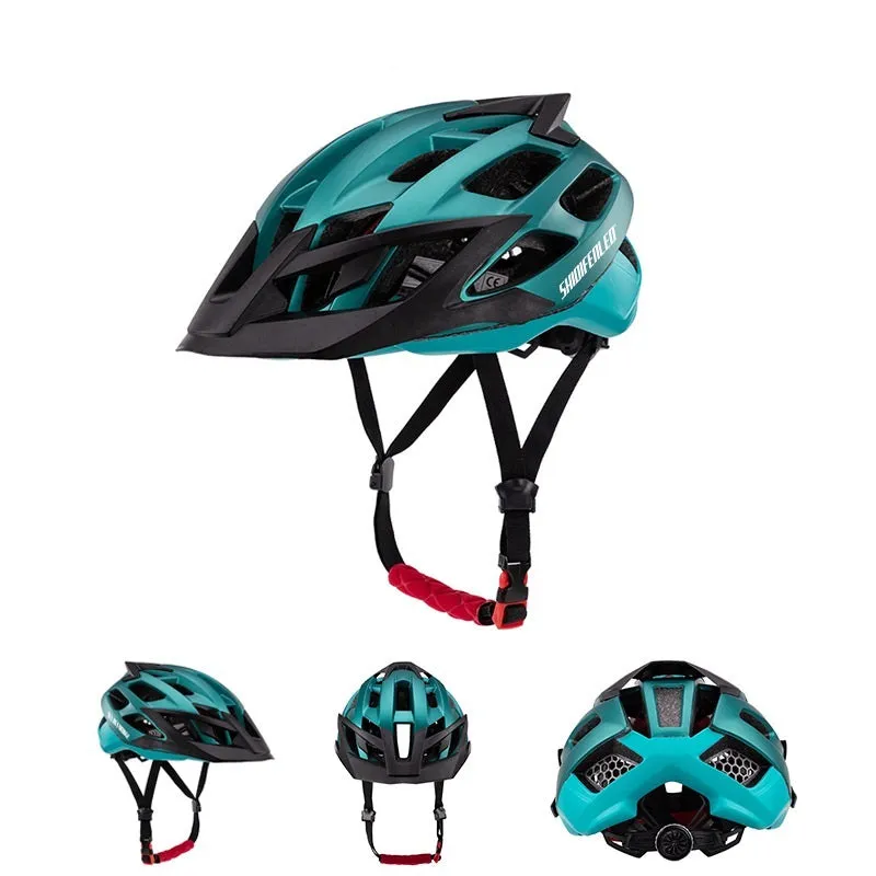 MQ-93 outdoor mountain bike helmet with PC shell, 21 ventilation holes, and removable brim, black and red colour