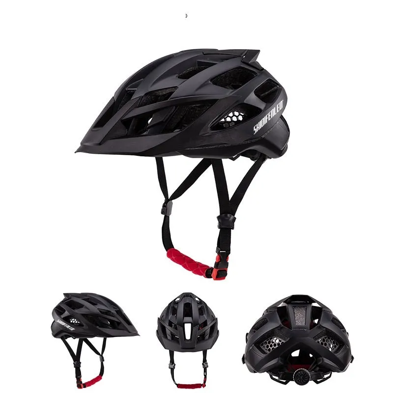 MQ-93 outdoor mountain bike helmet with PC shell, 21 ventilation holes, and removable brim, black and red colour