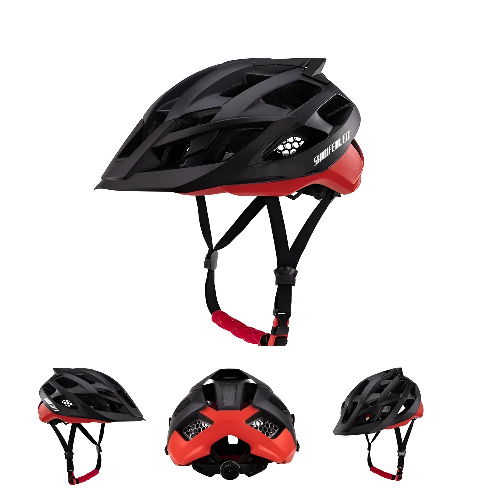 MQ-93 outdoor mountain bike helmet with PC shell, 21 ventilation holes, and removable brim, black and red colour