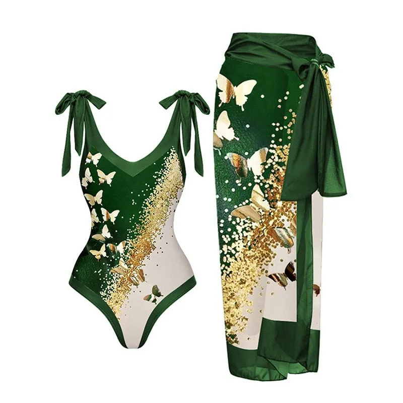 Women's solid colour one-piece swimsuit with spaghetti straps and attached skirt