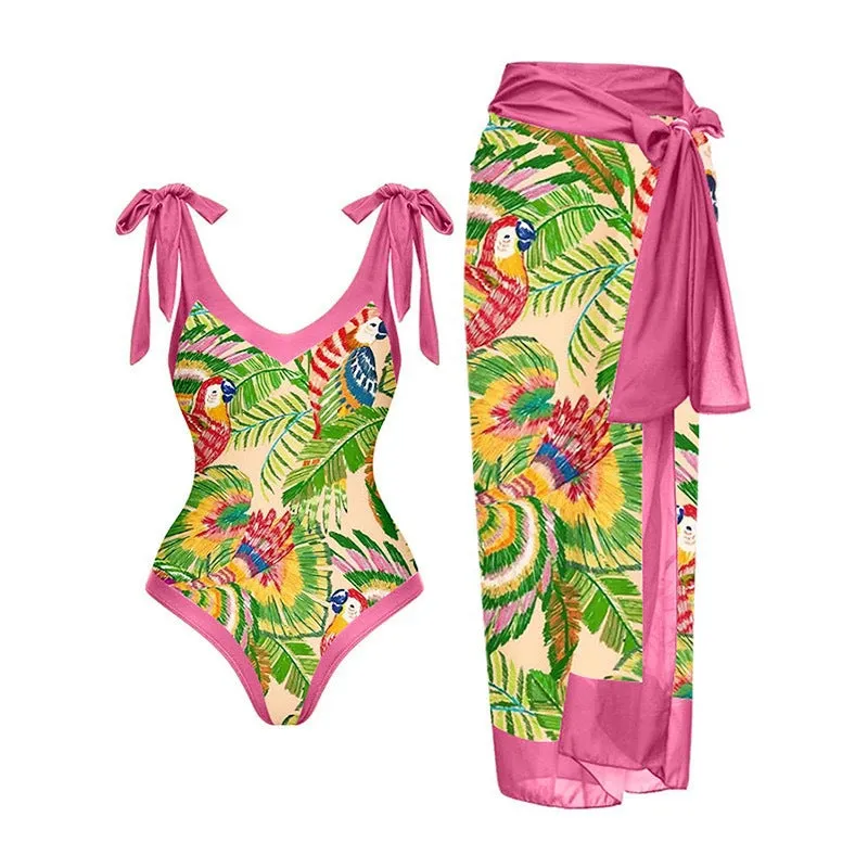Women's solid colour one-piece swimsuit with spaghetti straps and attached skirt