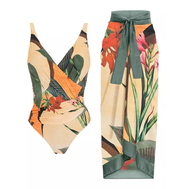 Women's solid colour one-piece swimsuit with spaghetti straps and attached skirt