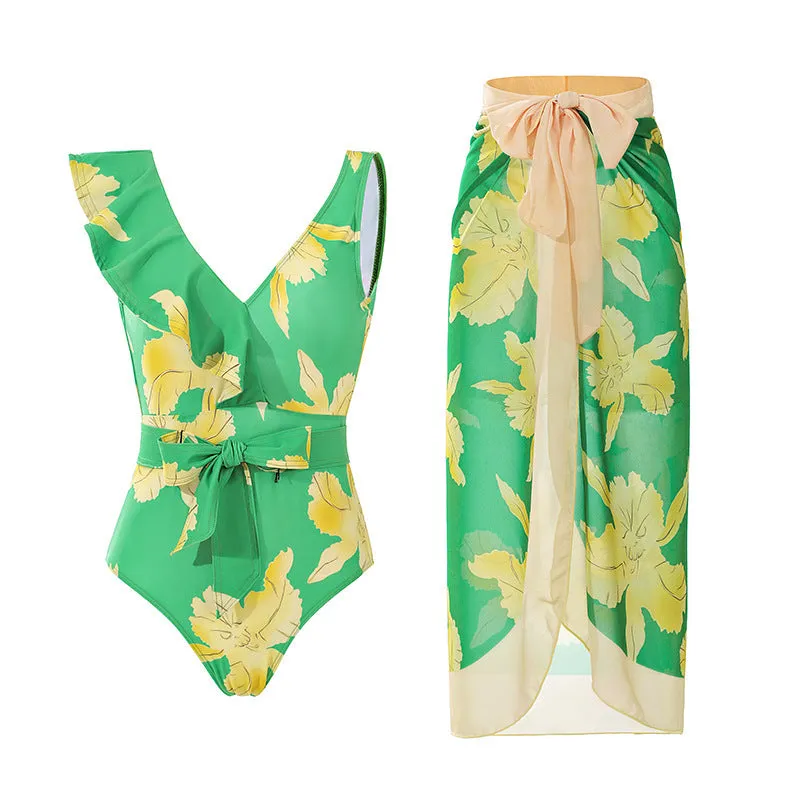 Women's solid colour one-piece swimsuit with spaghetti straps and attached skirt