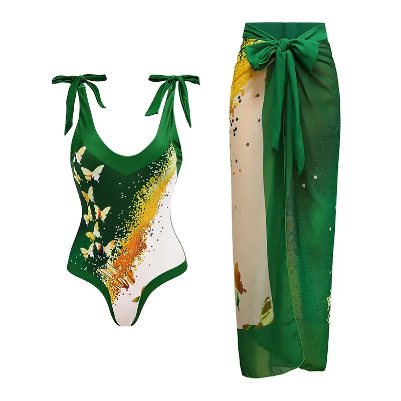 Women's solid colour one-piece swimsuit with spaghetti straps and attached skirt