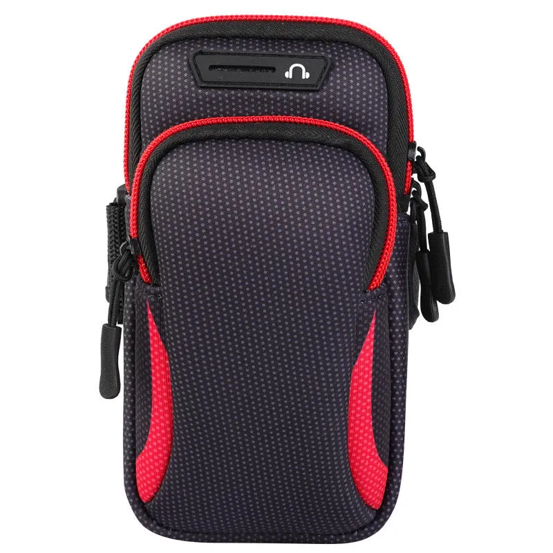 Nylon mobile phone arm bag in black with waterproof fabric and breathable mesh backing