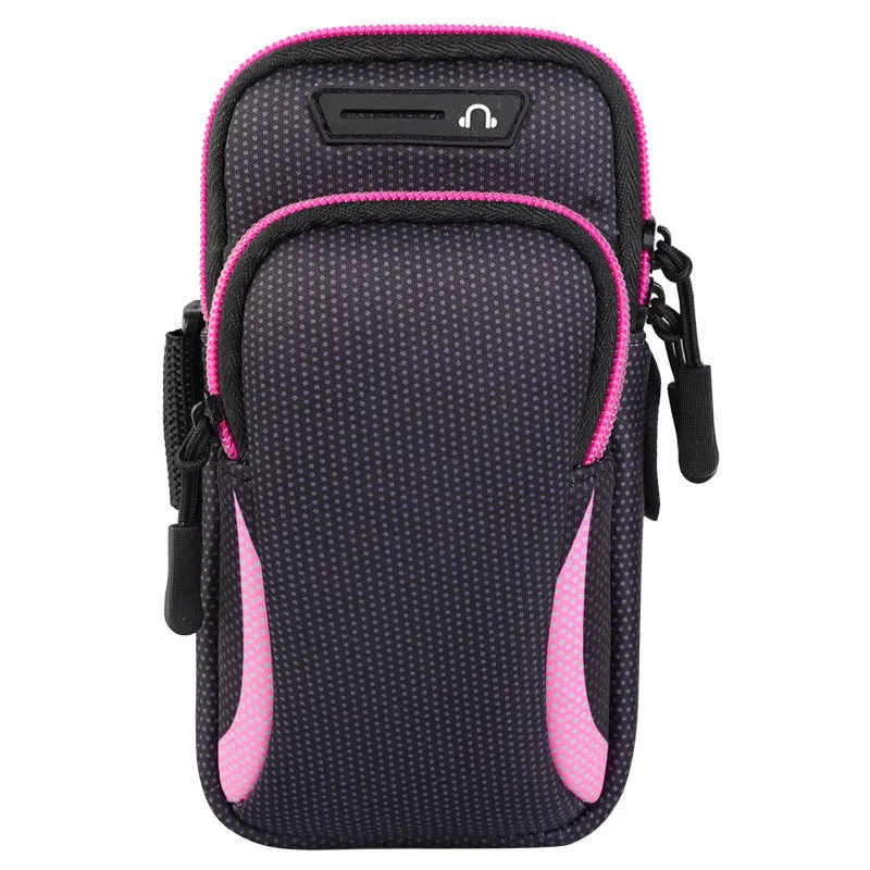 Nylon mobile phone arm bag in black with waterproof fabric and breathable mesh backing