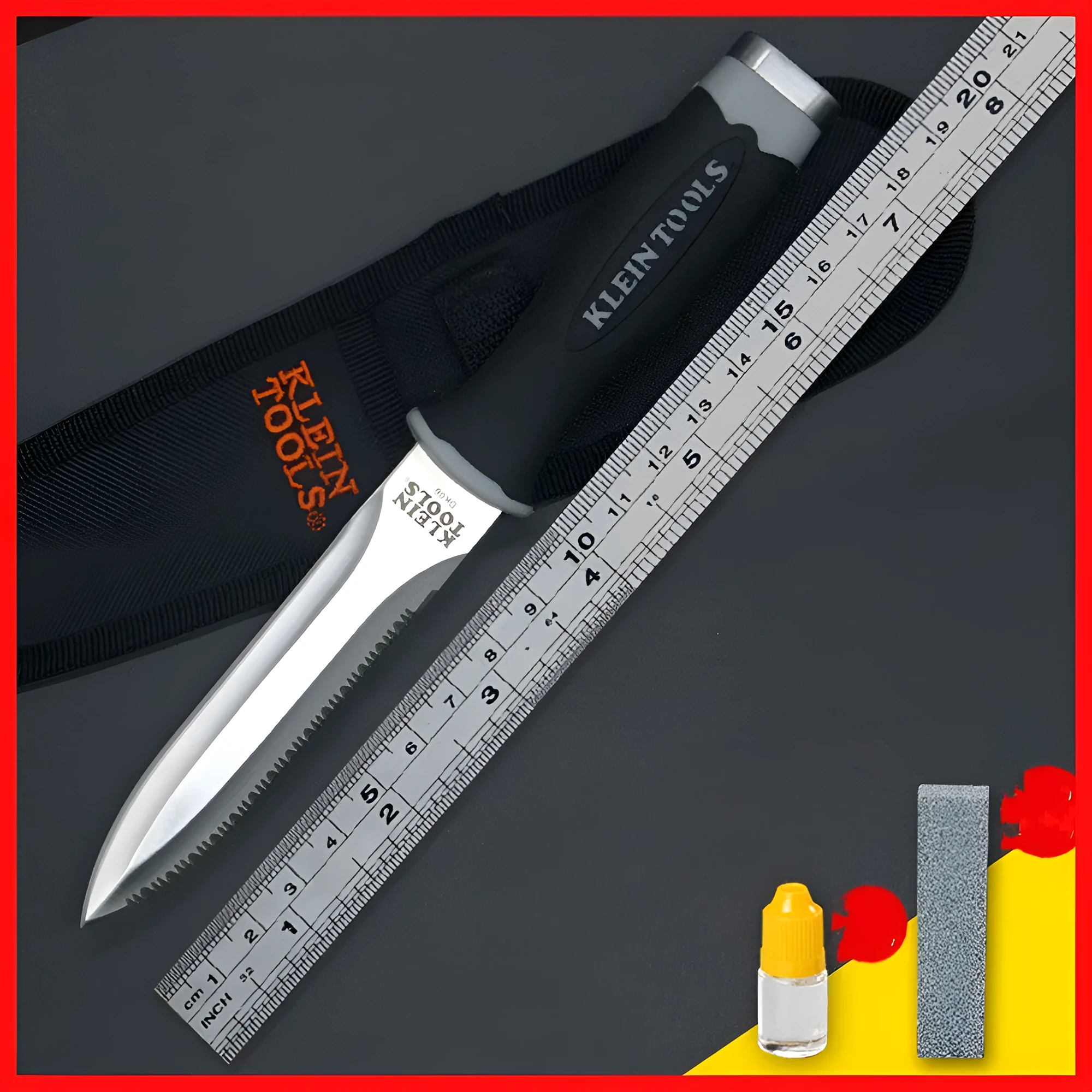 Outdoor survival knife with straight blade, 420 stainless steel, and TPR rubber handle for camping