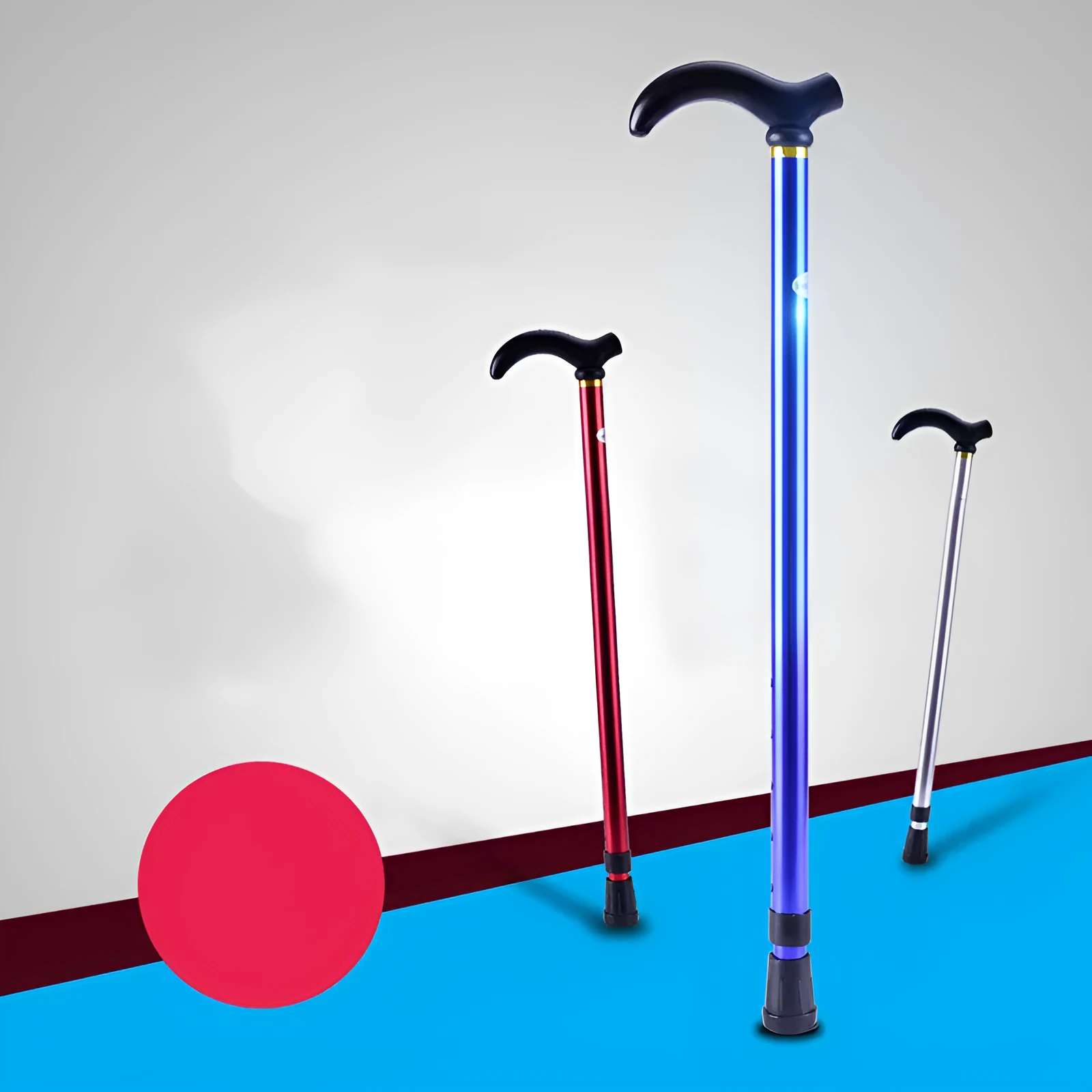 Telescopic aluminium walking stick with rubber tip and woven handle