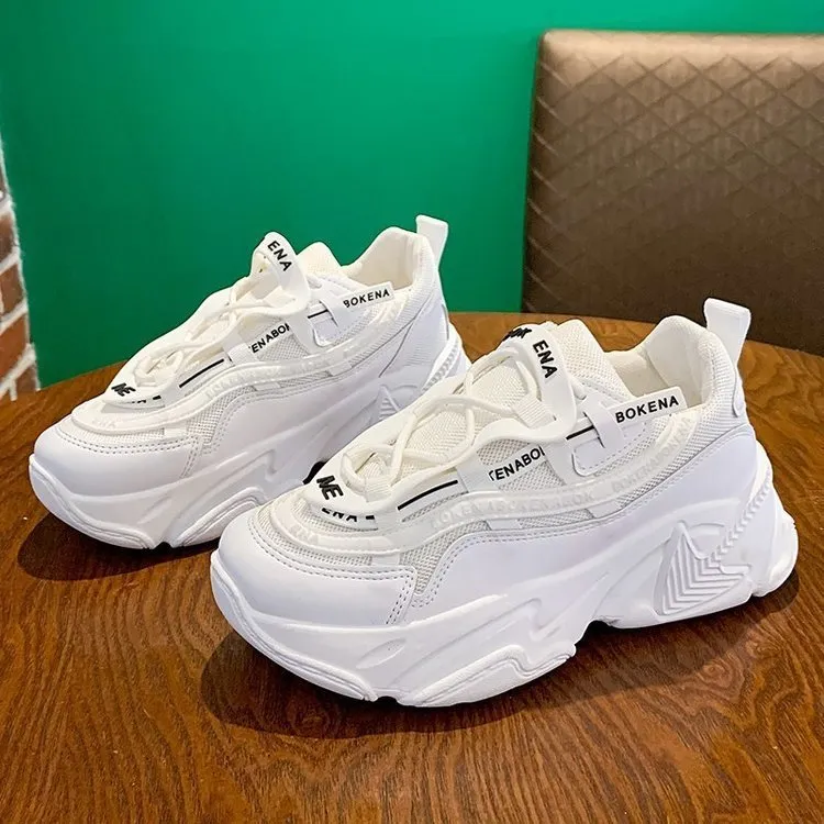 Women's thick-soled casual sneakers with breathable mesh lining and cross belt detail in multiple colours