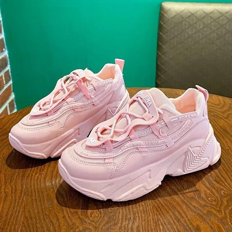 Women's thick-soled casual sneakers with breathable mesh lining and cross belt detail in multiple colours