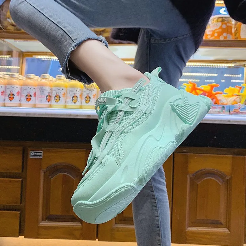 Women's thick-soled casual sneakers with breathable mesh lining and cross belt detail in multiple colours