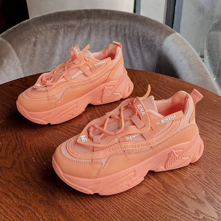 Women's thick-soled casual sneakers with breathable mesh lining and cross belt detail in multiple colours