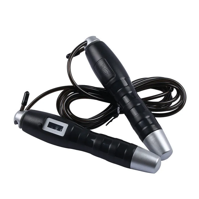 Adjustable digital skipping rope with black ABS handle and coated steel cable on white background