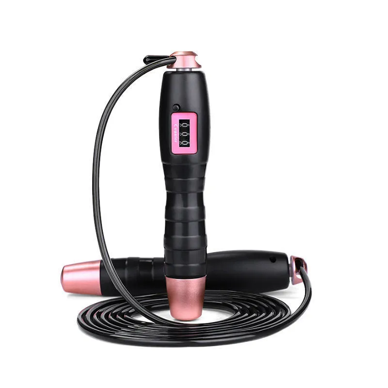Adjustable digital skipping rope with black ABS handle and coated steel cable on white background