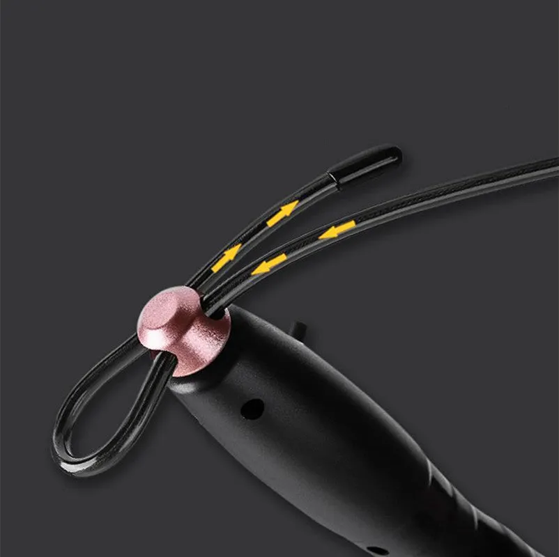 Adjustable digital skipping rope with black ABS handle and coated steel cable on white background
