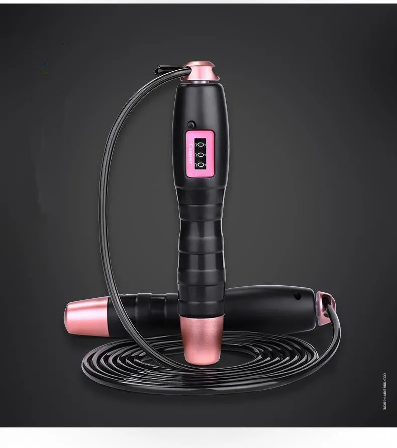 Adjustable digital skipping rope with black ABS handle and coated steel cable on white background