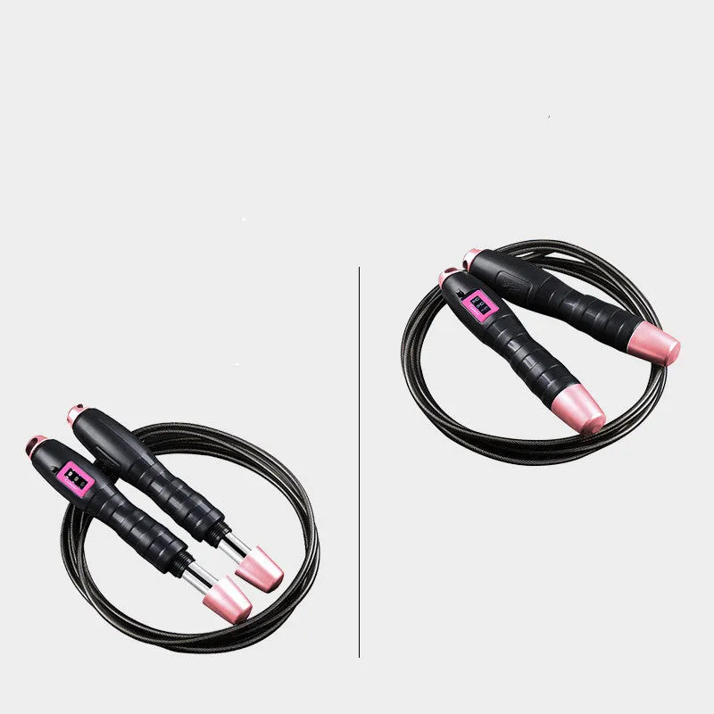 Adjustable digital skipping rope with black ABS handle and coated steel cable on white background