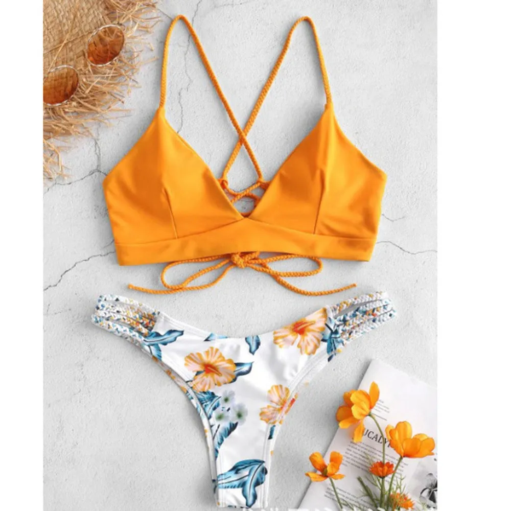 Braided rope printed bikini swimsuit for women – polyester swimwear with chest pad, available in multiple colours and sizes