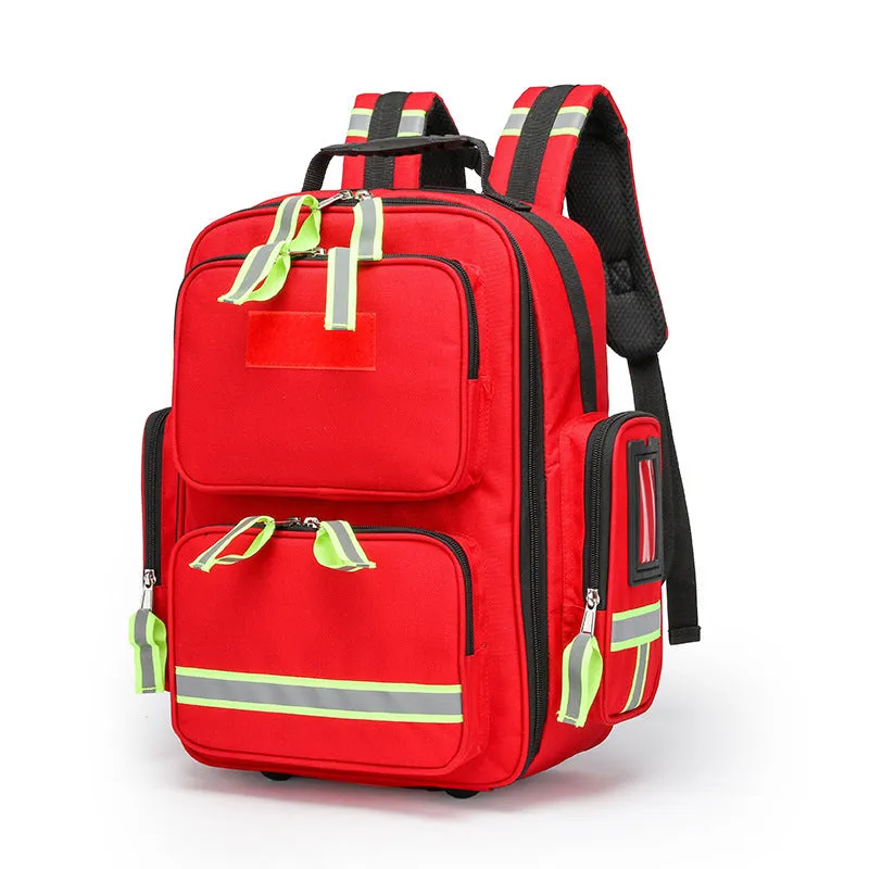 Large capacity empty first aid kit backpack in orange, made from waterproof Oxford cloth with reflective strips and multi-layer storage