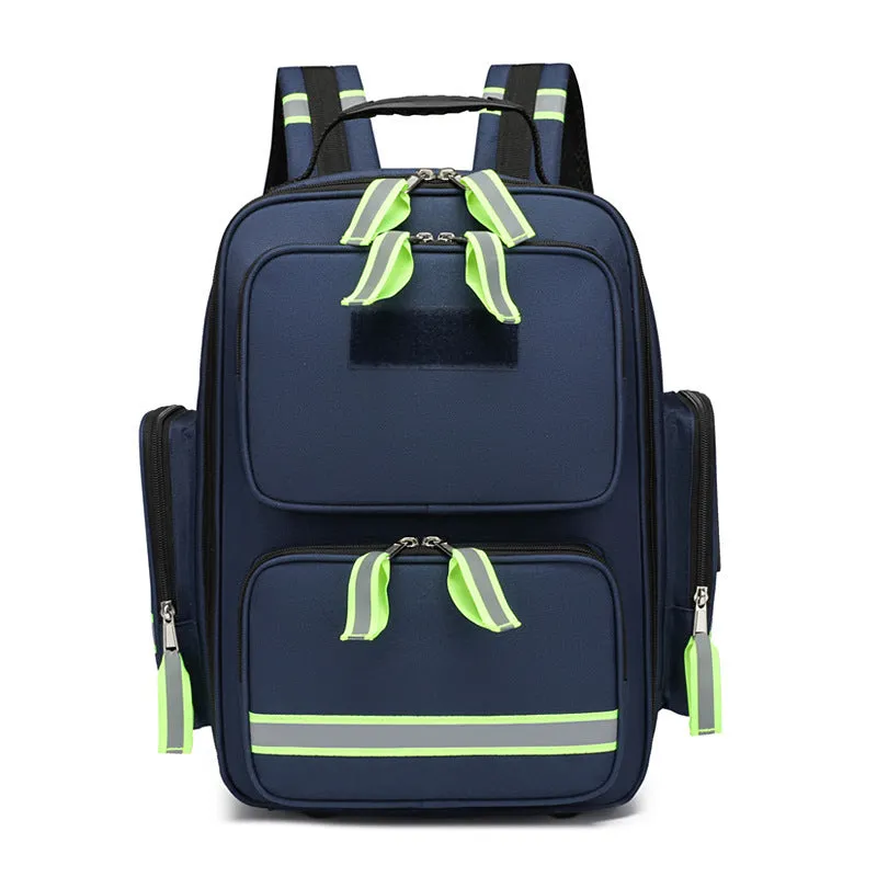 Large capacity empty first aid kit backpack in orange, made from waterproof Oxford cloth with reflective strips and multi-layer storage