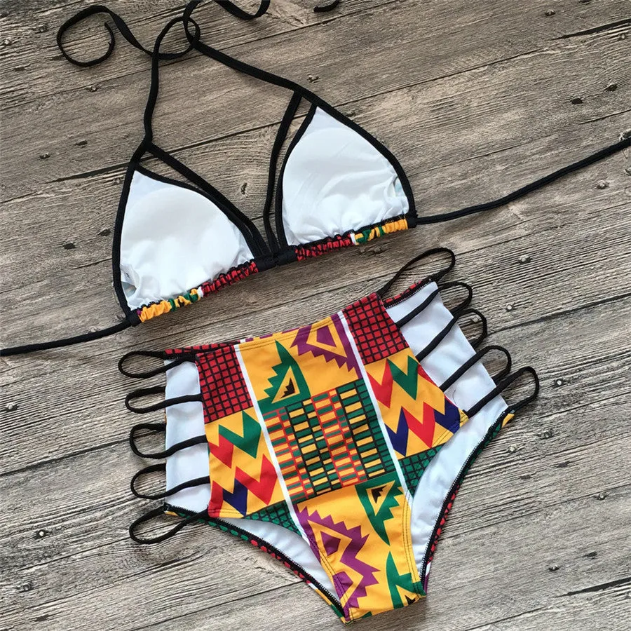 Women's high-waist digital print bikini set with backless top and quick-dry shorts for swimming.