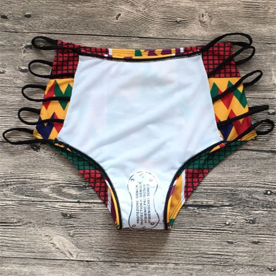 Women's high-waist digital print bikini set with backless top and quick-dry shorts for swimming.