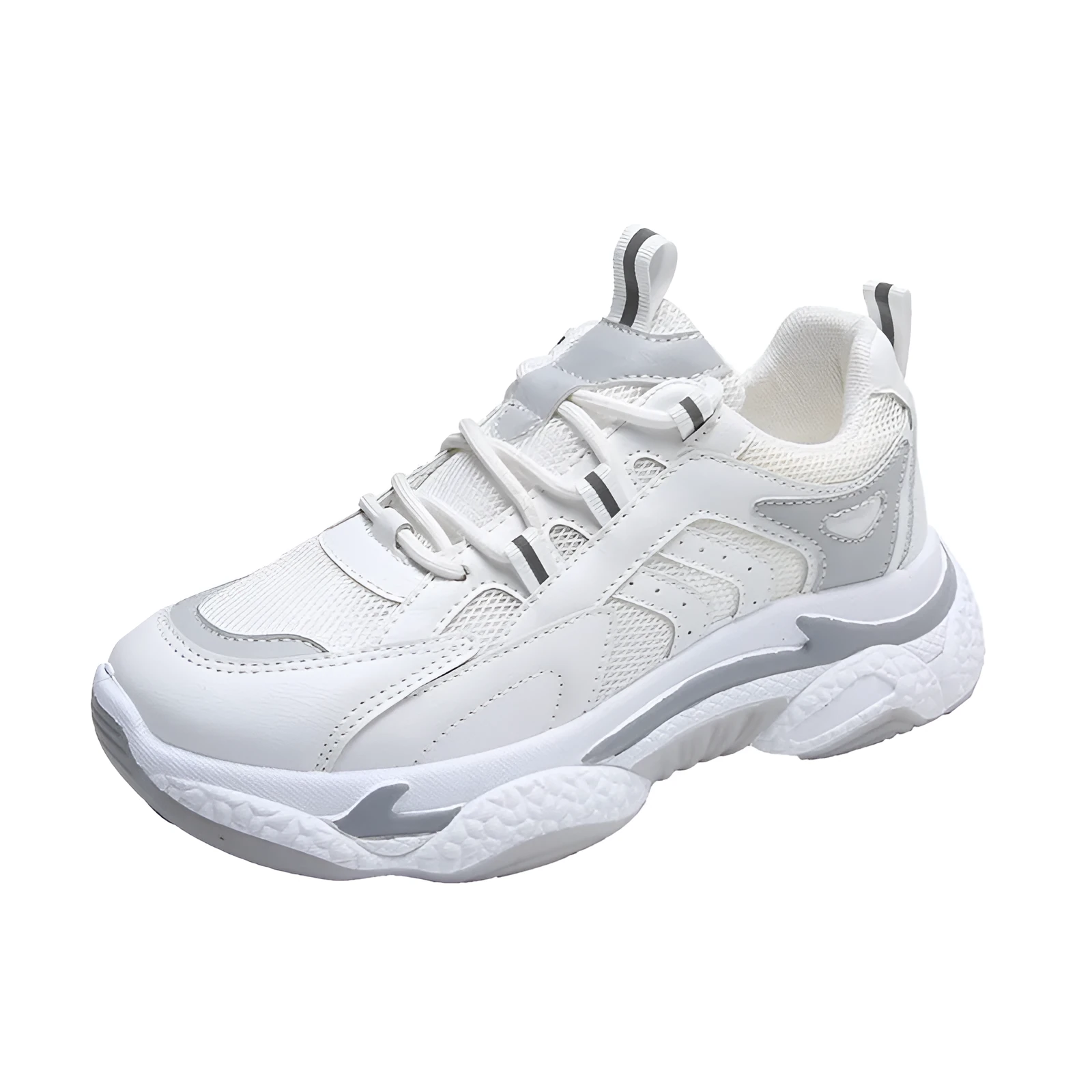 Women's breathable single mesh platform casual sports shoes in grey, pink, and orange with round toe and stitching detail