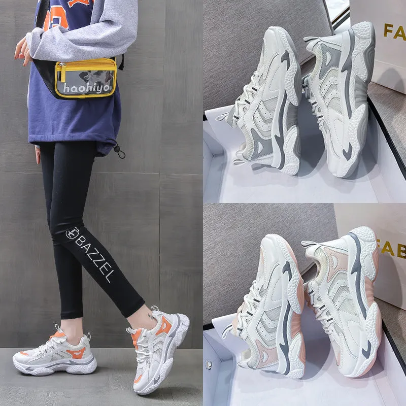 Women's breathable single mesh platform casual sports shoes in grey, pink, and orange with round toe and stitching detail