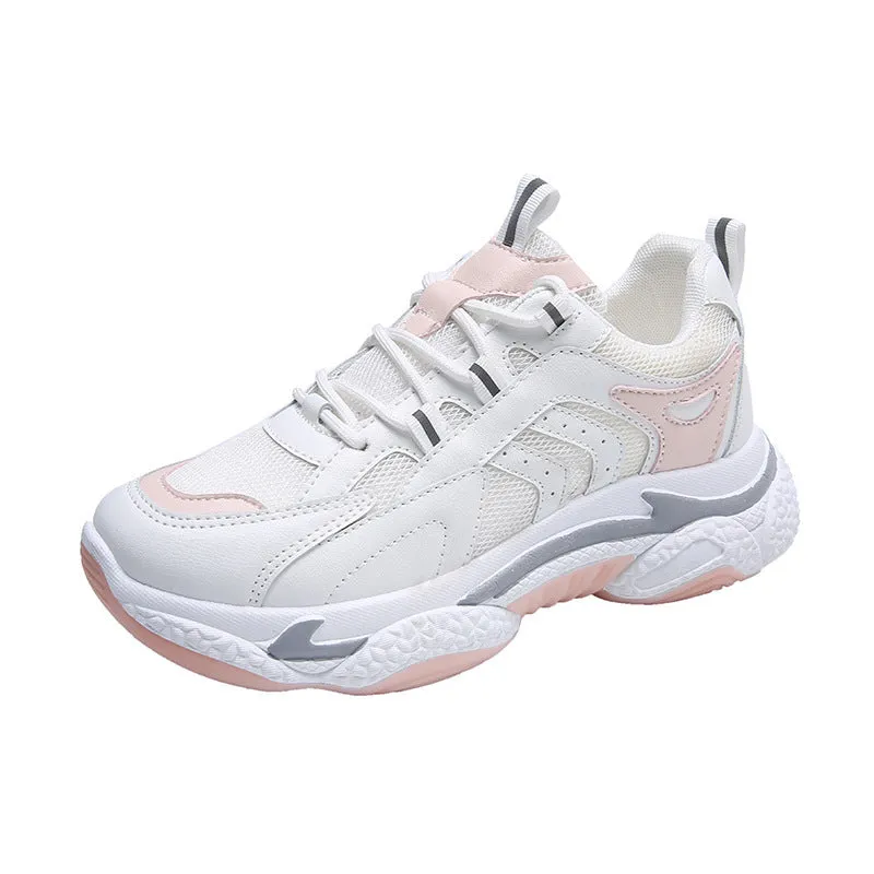 Women's breathable single mesh platform casual sports shoes in grey, pink, and orange with round toe and stitching detail