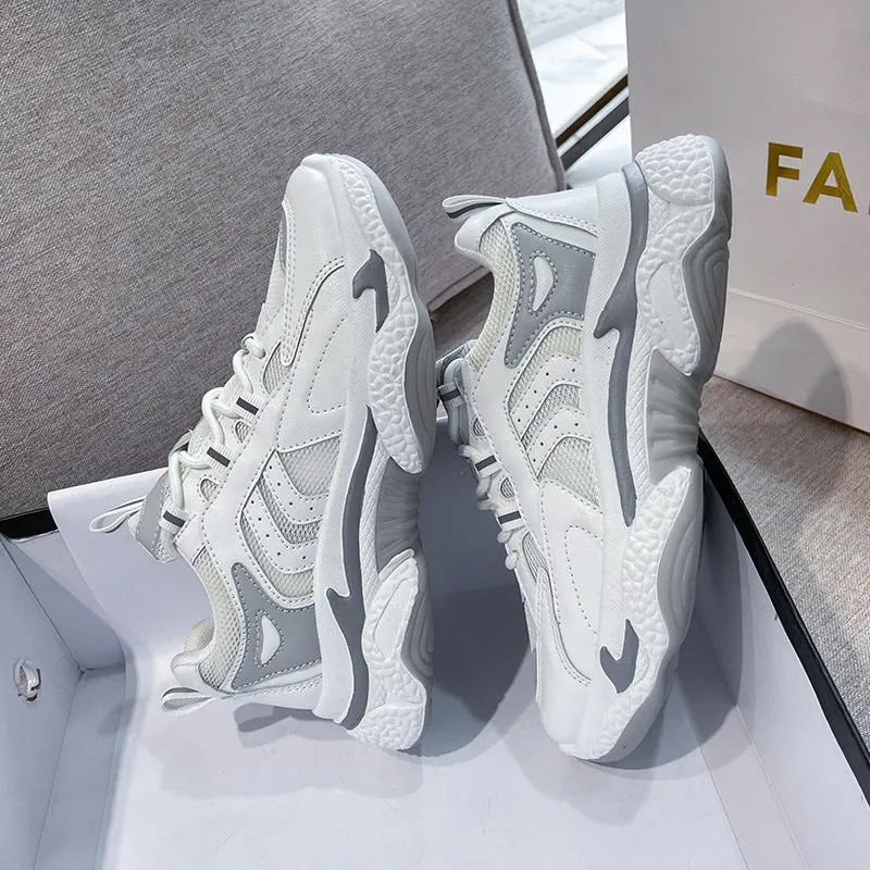 Women's breathable single mesh platform casual sports shoes in grey, pink, and orange with round toe and stitching detail