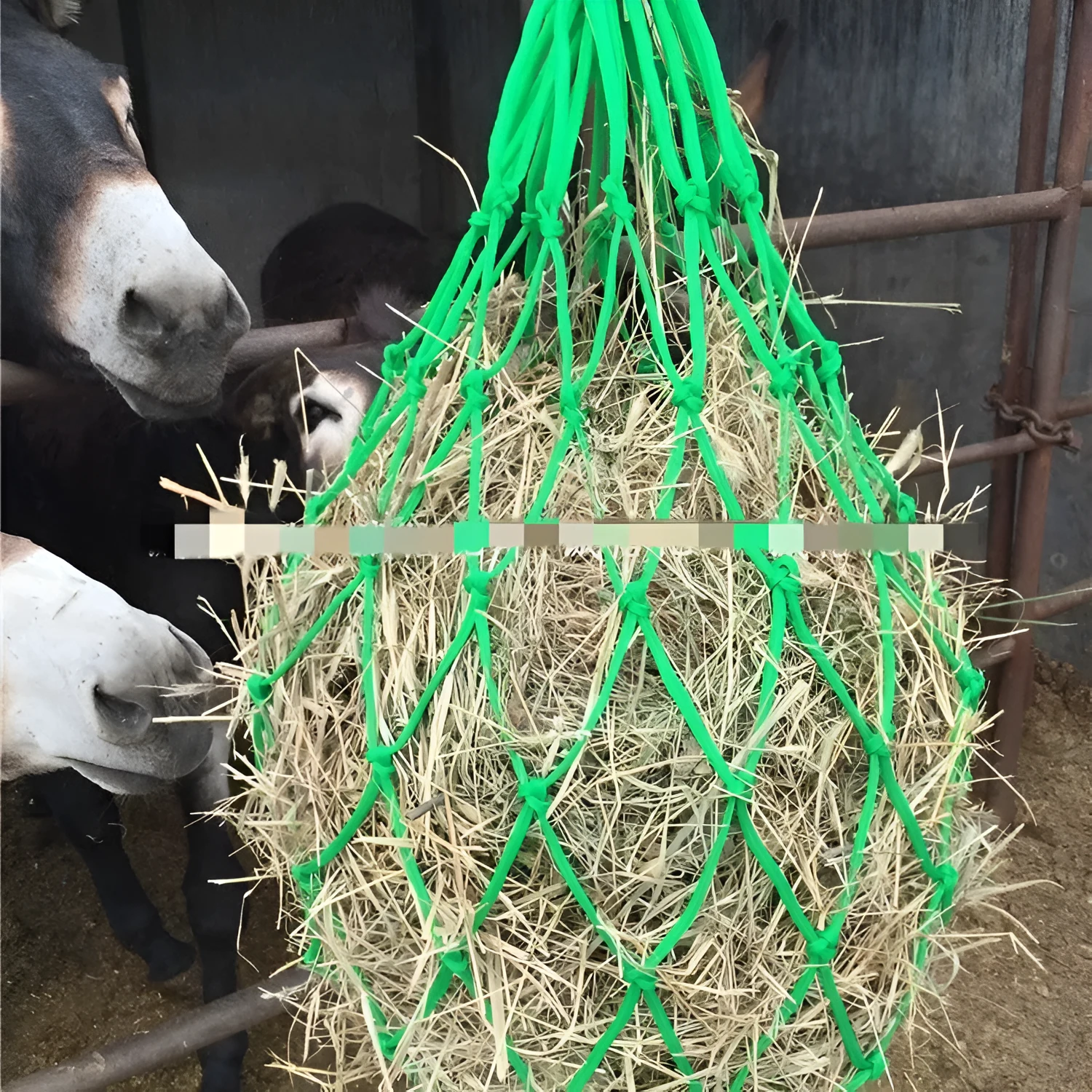Green forage pocket feeding horse bag with 8 knots, haystack style for slow feeding