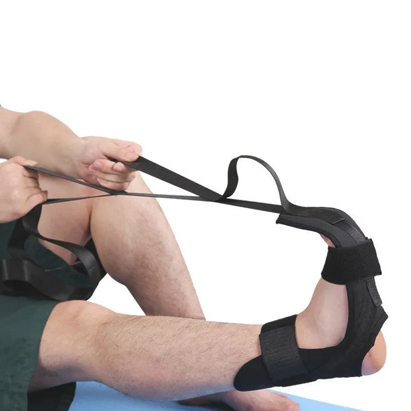 Black polyester cotton yoga stretch strap for flexibility and split training, packed on a flat surface