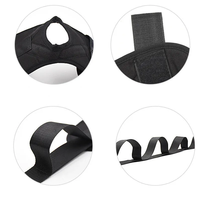 Black polyester cotton yoga stretch strap for flexibility and split training, packed on a flat surface