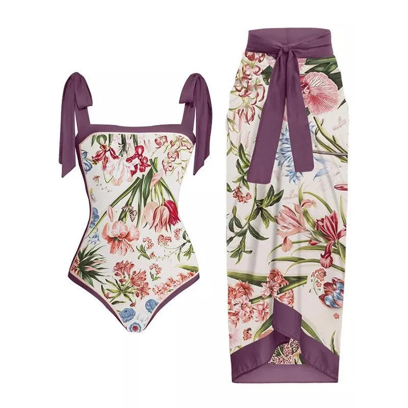 Women's retro one-piece swimsuit with chiffon skirt in floral pattern