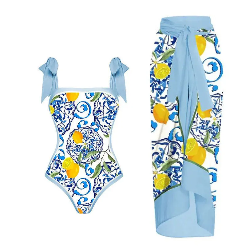 Women's retro one-piece swimsuit with chiffon skirt in floral pattern